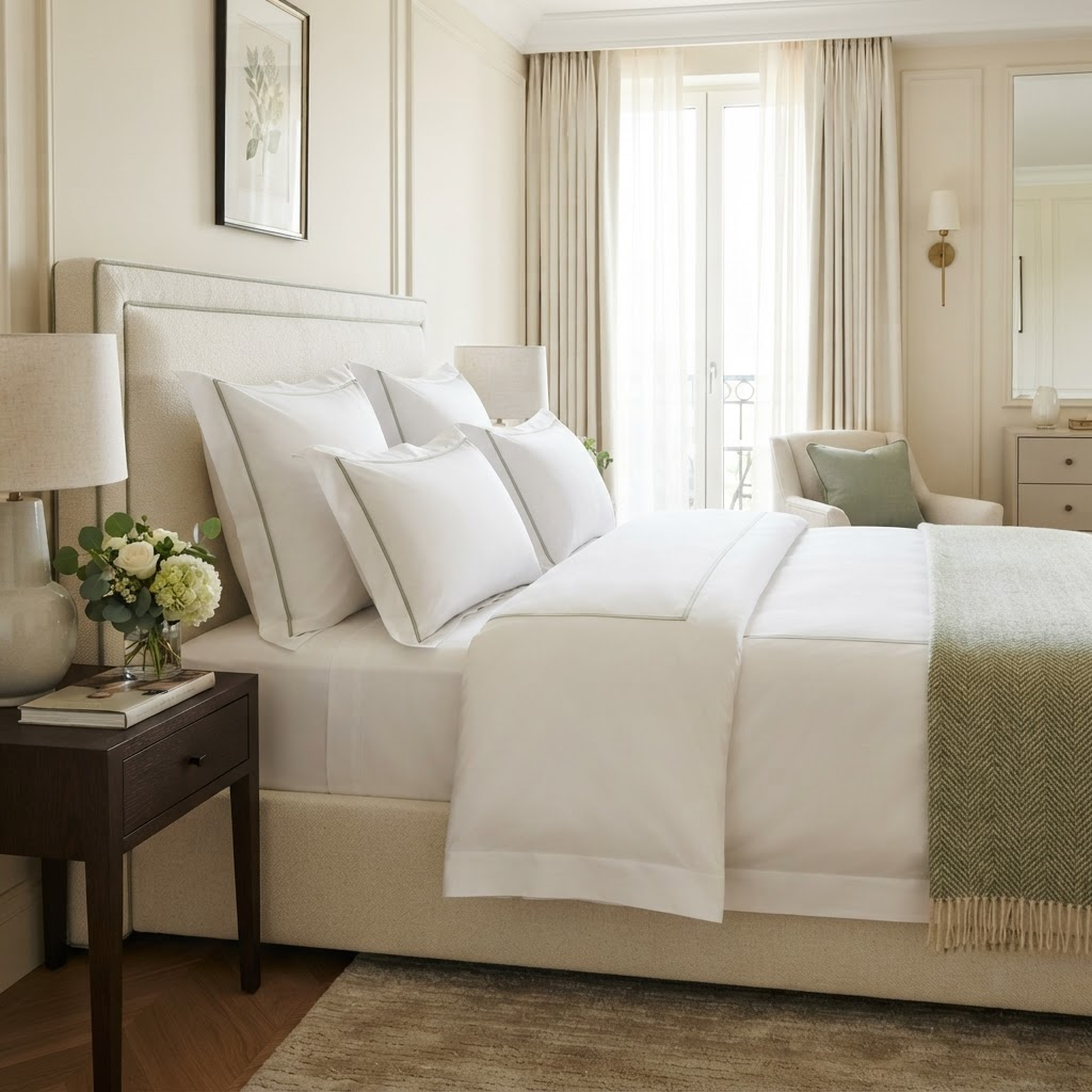 A luxury bed made with crisply pressed white sheets, duvet cover and pillow shams