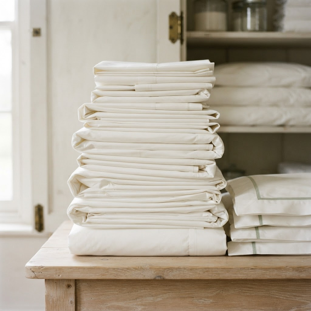 A tall stack of freshly pressed and folded white bed sheets, duvet covers and pillowcases